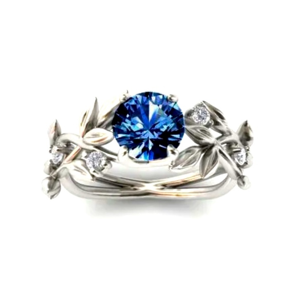 New Sterling Silver Blue White Sapphire Hand Crafted Floral Vine Flower Ring